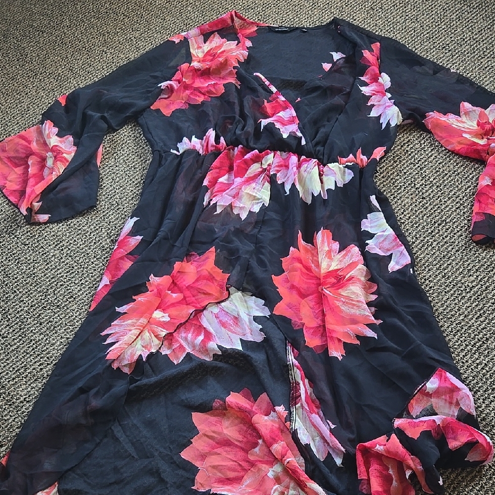 Mille Gabrielle Floral Black and Red Flutter Sleeve High Low Cover-up Dress Plus